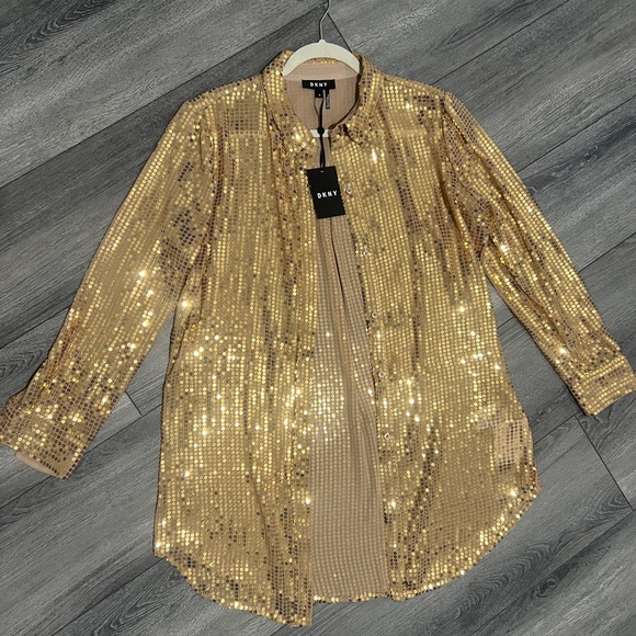 NWT DKNY gold sequin button down dress size M - Picture 1 of 2